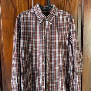 Ben Sherman Mens M Dress Shirt Burgundy with blue, yellow and white stripes